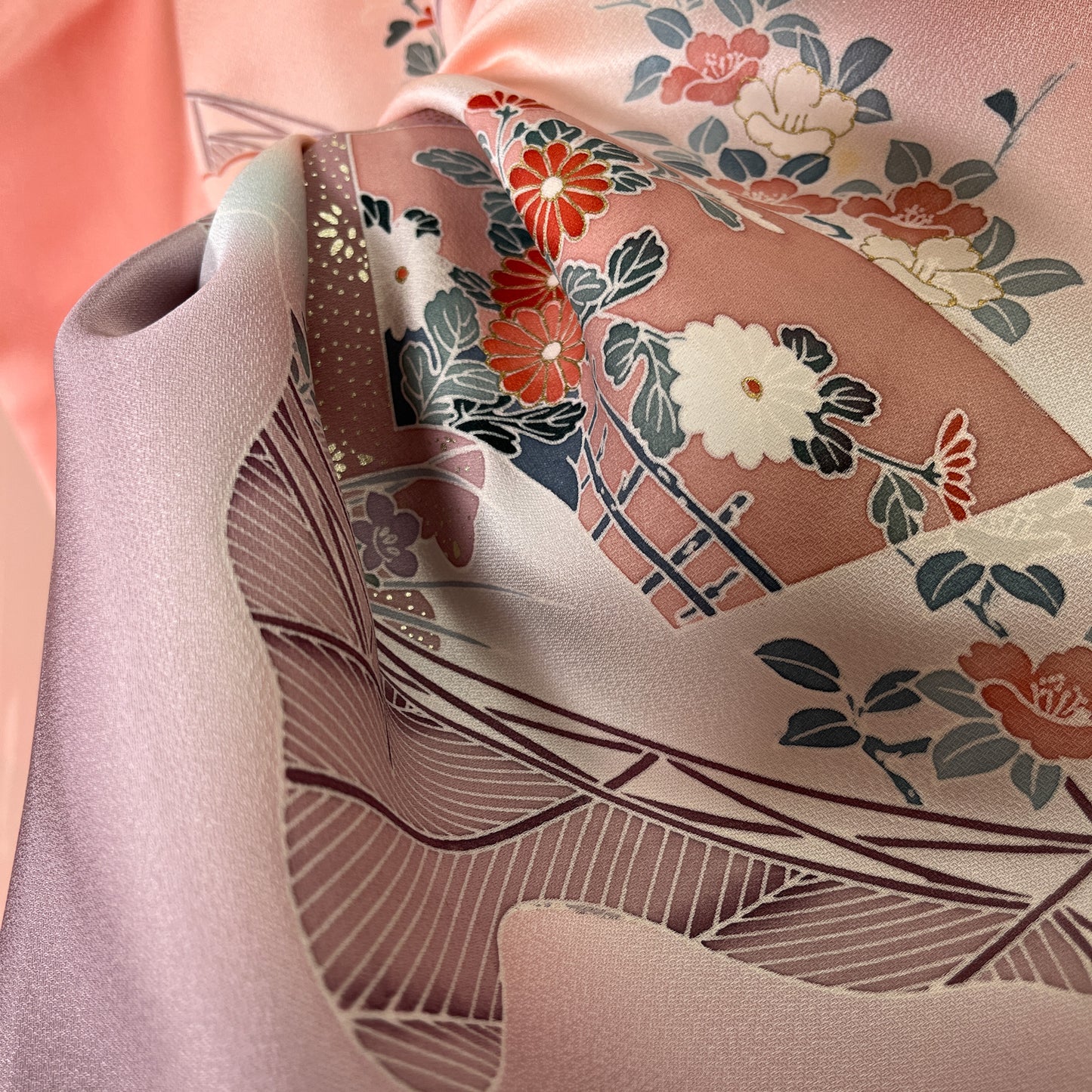 K50875-1 付下げ 扇文様 花文様 古典柄 桃色