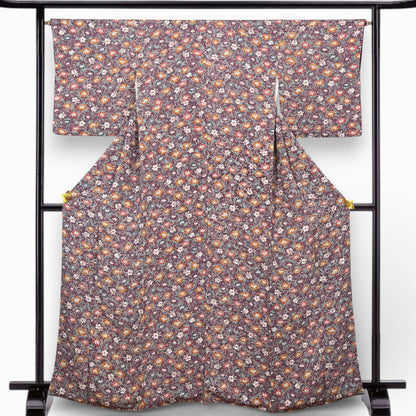 K112312-1　小紋　紫鼠　小花文様　唐草模様