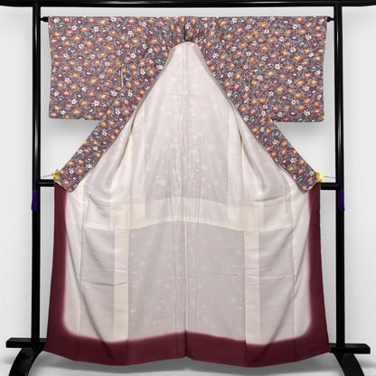 K112312-1　小紋　紫鼠　小花文様　唐草模様