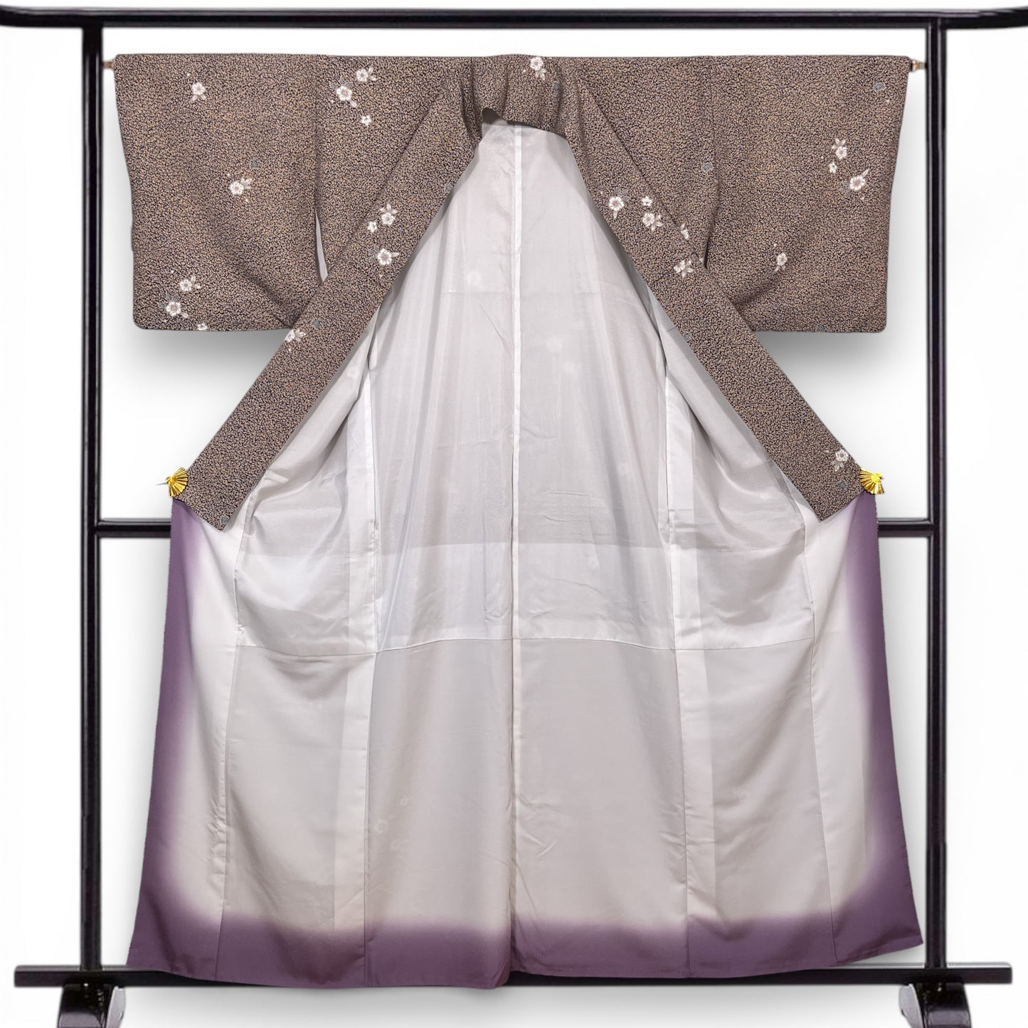 K111237-2　小紋　小花文様　あられ地　グレージュ　化繊