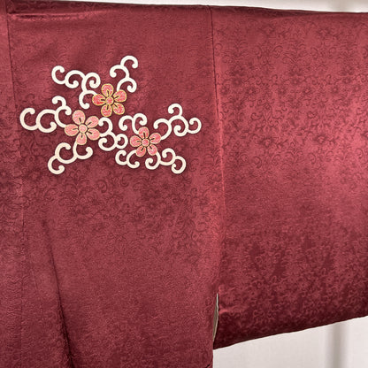 K111357-2　付下げ　唐草花文様　刺繍　金糸　えんじ