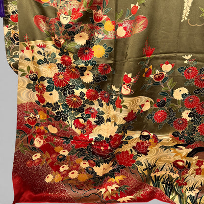 K107281　振袖　四季花文様　深緑地