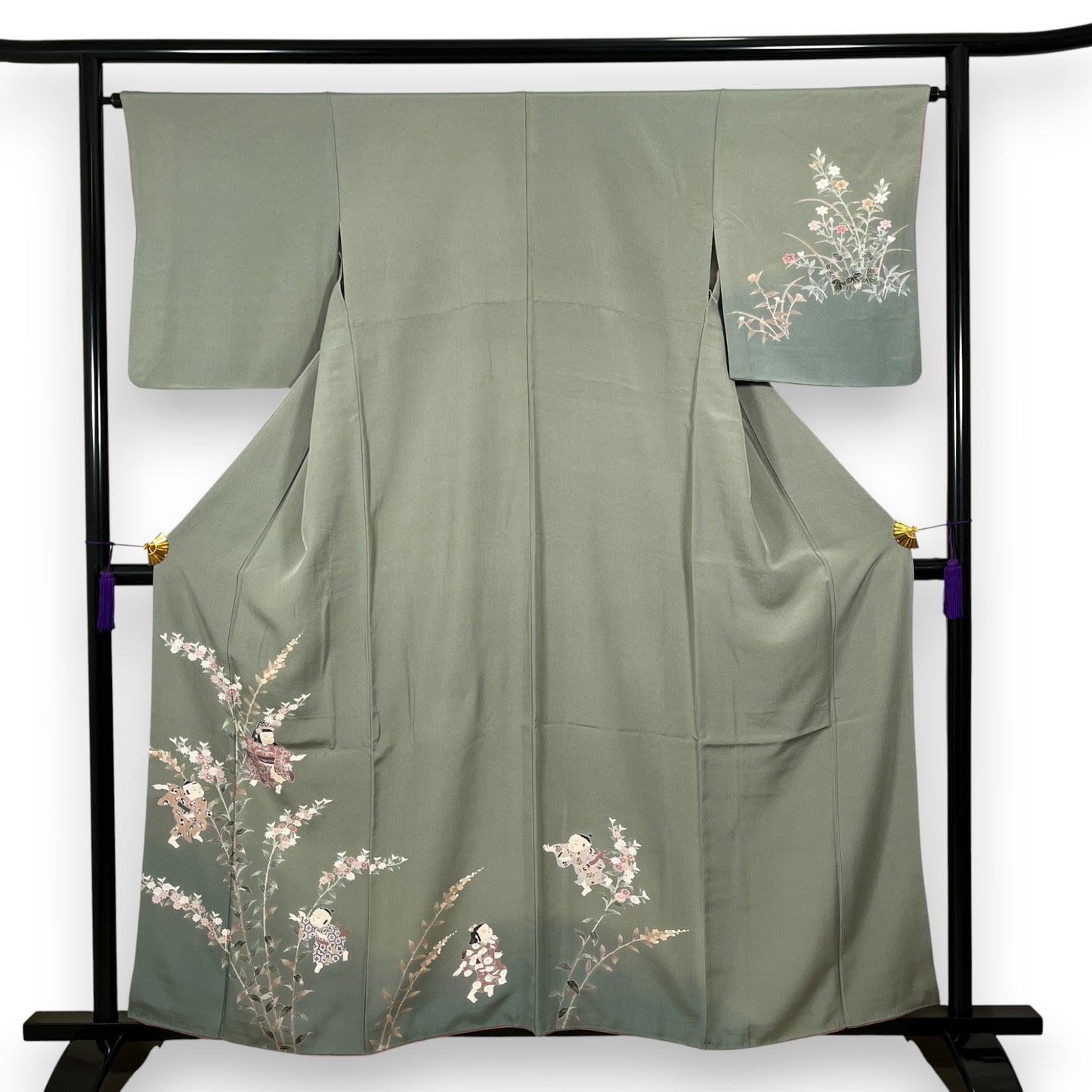 K55597-3　付下げ　童子　草花文様　灰緑色