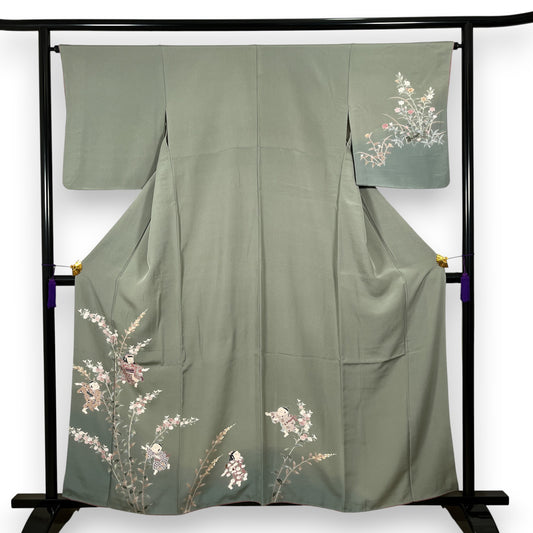 K55597-3　付下げ　童子　草花文様　灰緑色
