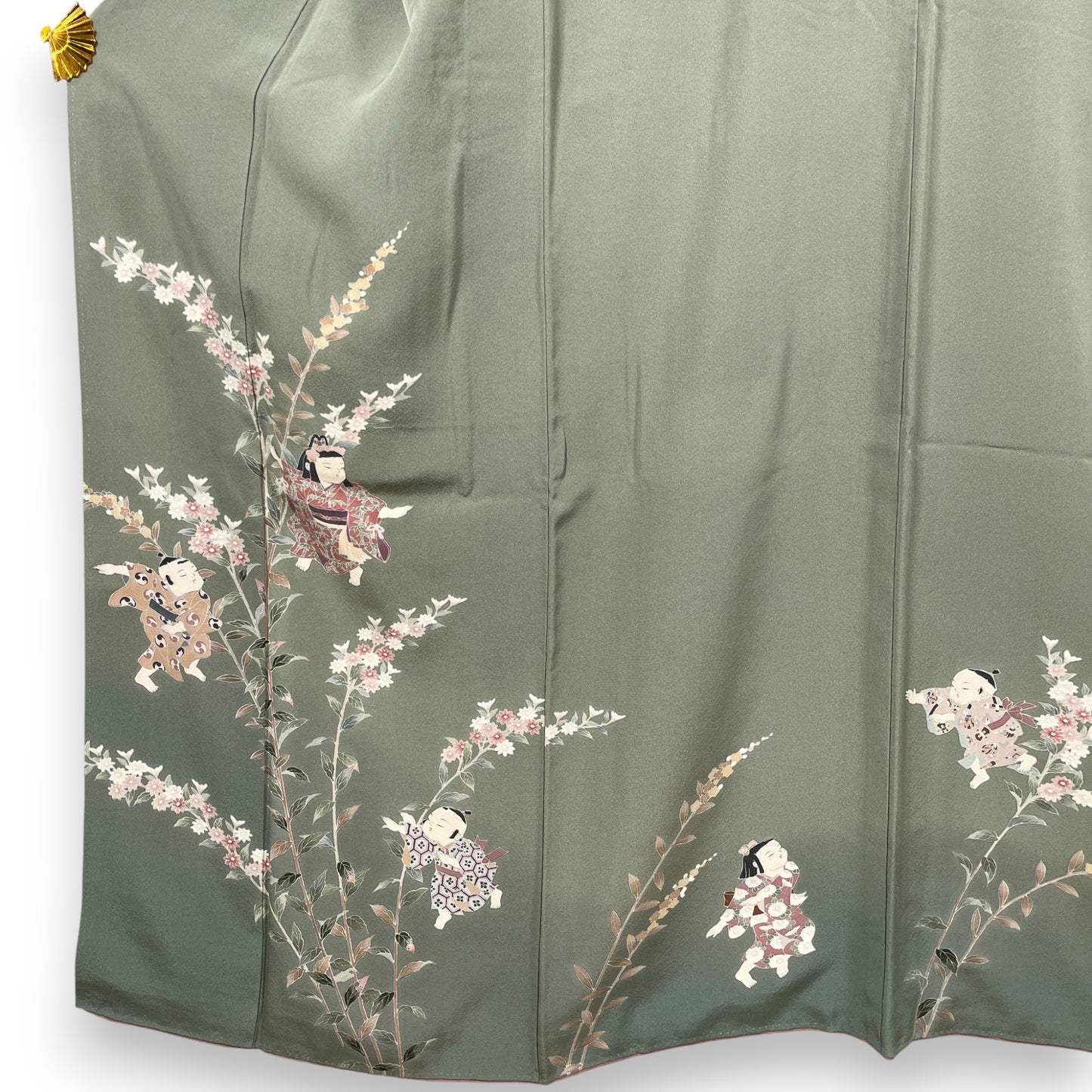 K55597-3　付下げ　童子　草花文様　灰緑色