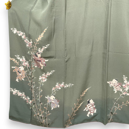 K55597-3　付下げ　童子　草花文様　灰緑色