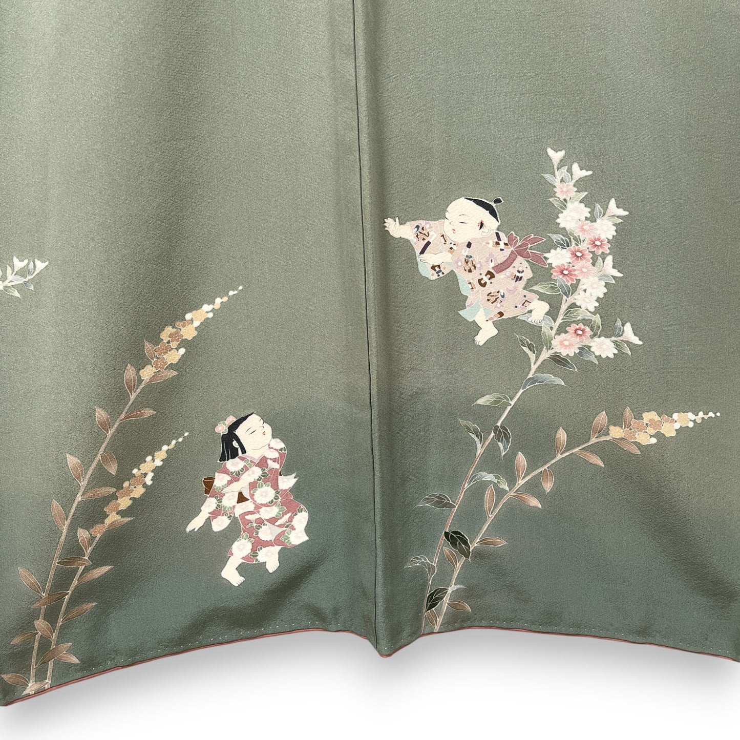 K55597-3　付下げ　童子　草花文様　灰緑色