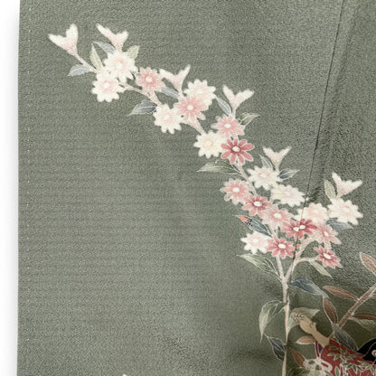 K55597-3　付下げ　童子　草花文様　灰緑色