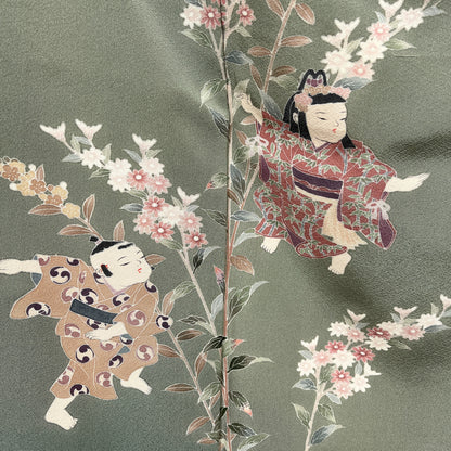K55597-3　付下げ　童子　草花文様　灰緑色