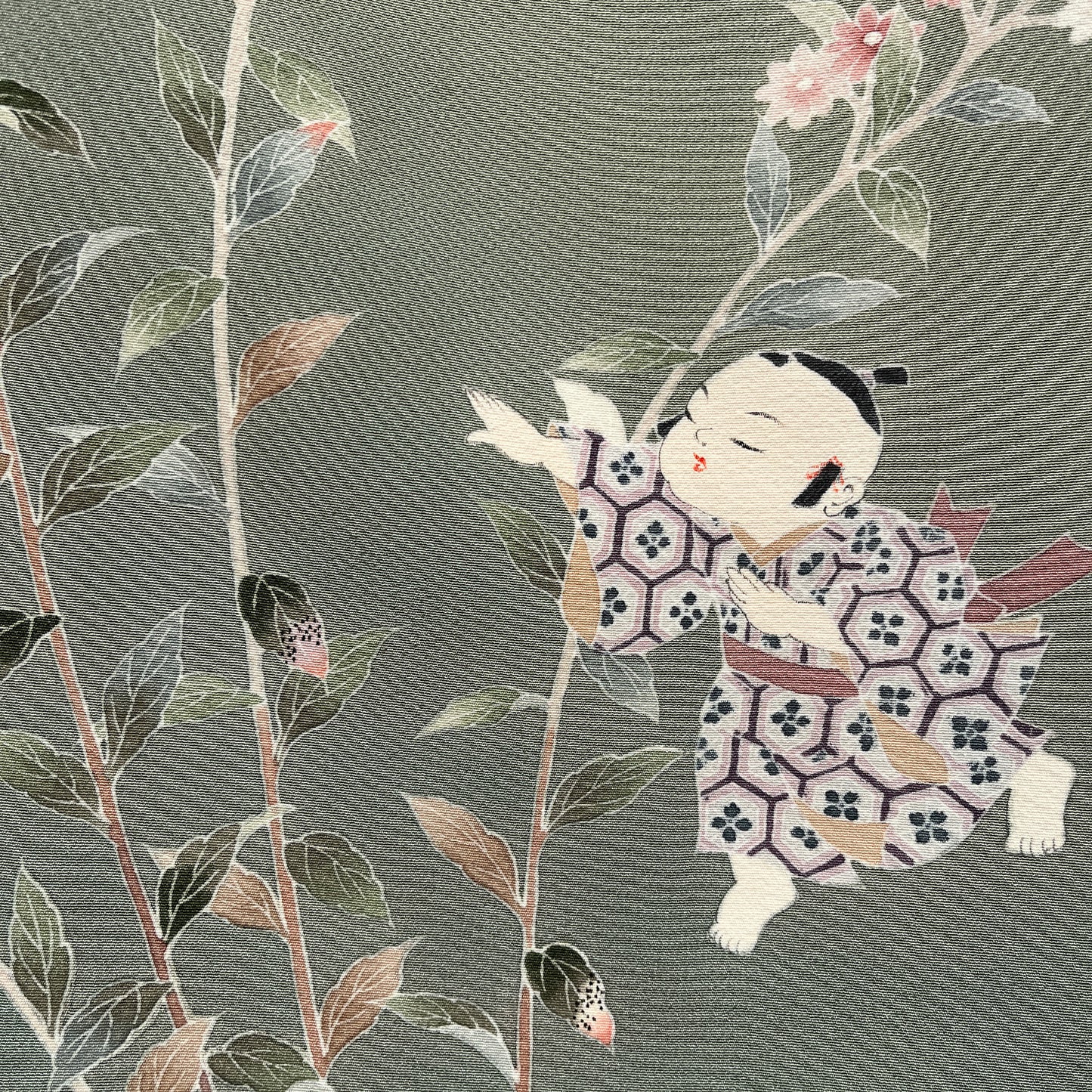 K55597-3　付下げ　童子　草花文様　灰緑色