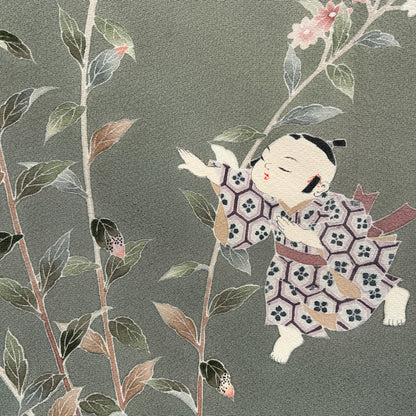 K55597-3　付下げ　童子　草花文様　灰緑色
