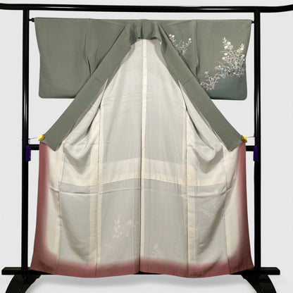 K55597-3　付下げ　童子　草花文様　灰緑色