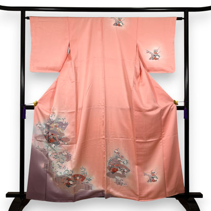 K50875-1　付下げ　扇文様　花文様　古典柄　桃色