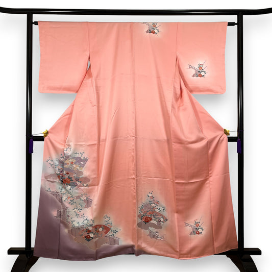 K50875-1　付下げ　扇文様　花文様　古典柄　桃色