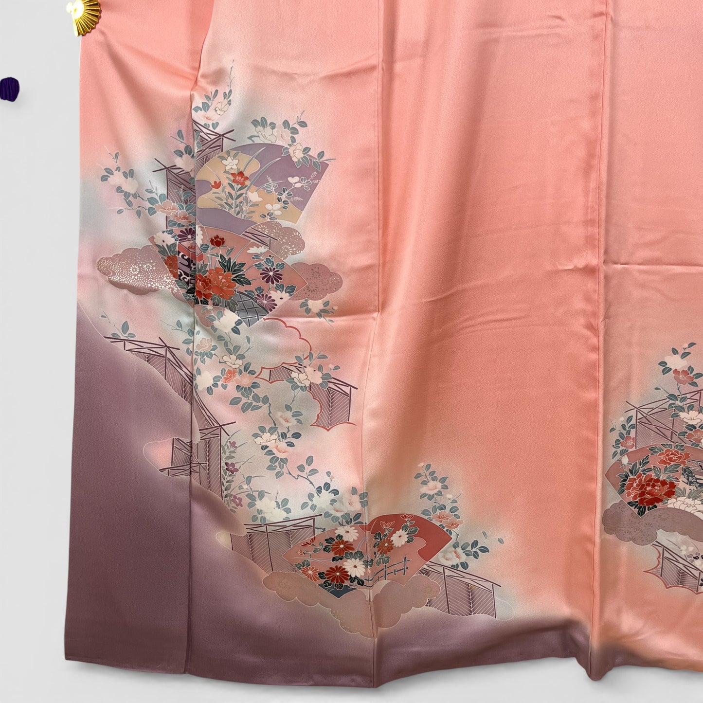 K50875-1　付下げ　扇文様　花文様　古典柄　桃色