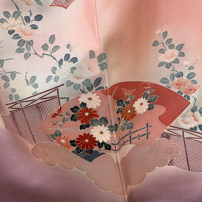 K50875-1　付下げ　扇文様　花文様　古典柄　桃色