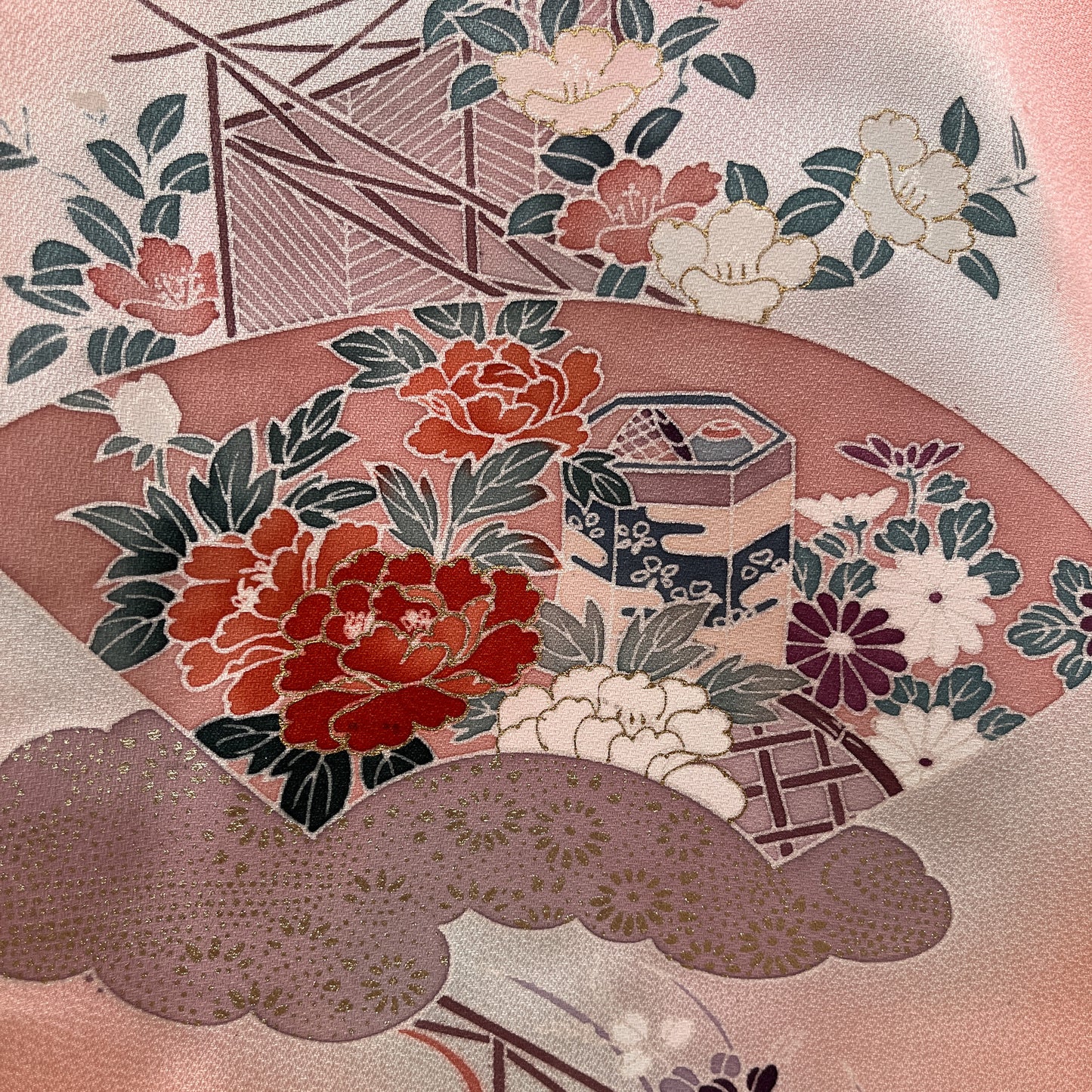 K50875-1　付下げ　扇文様　花文様　古典柄　桃色