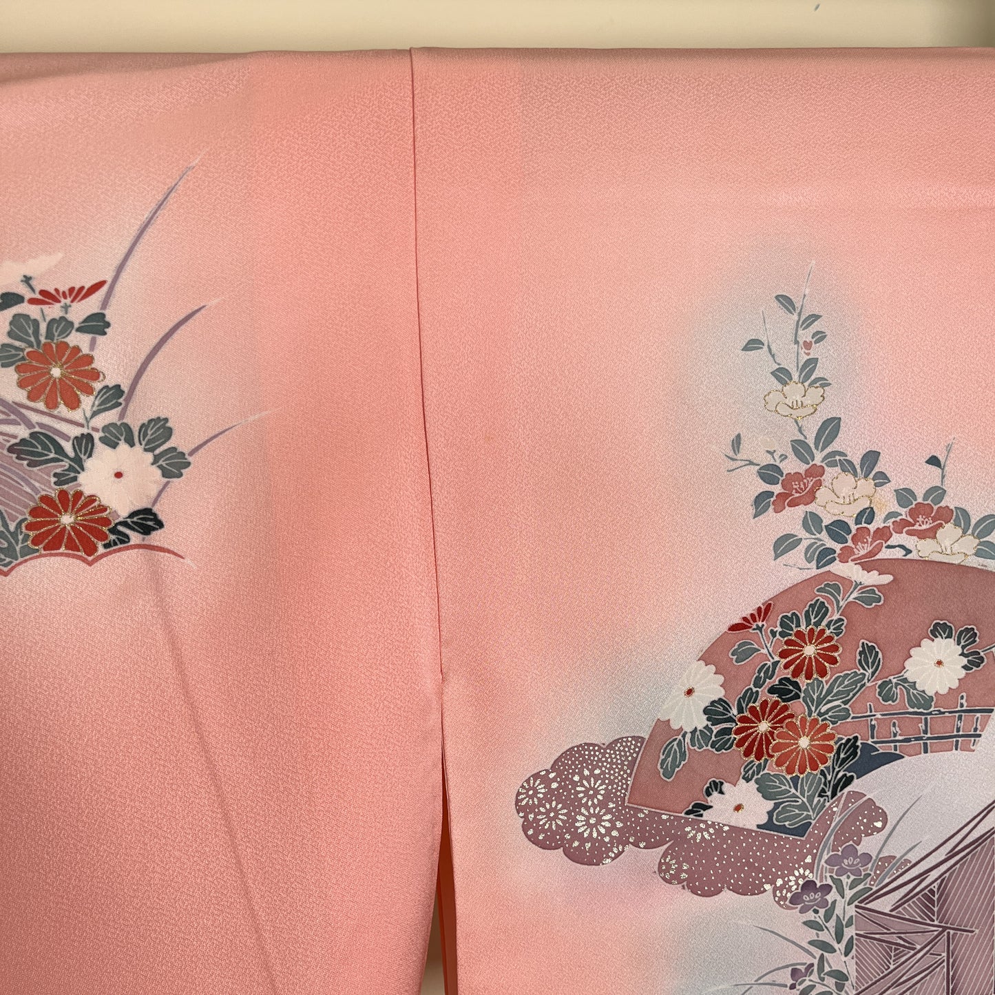 K50875-1　付下げ　扇文様　花文様　古典柄　桃色