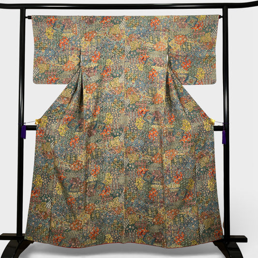 K107000-16　小紋　裂取り吉祥文様　青緑