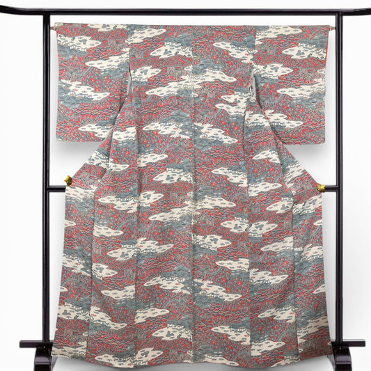 K107000-14　小紋　風景・草花文様　ピンク　水色