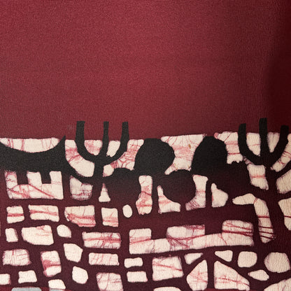 K77223　付下げ　抽象風景文様　一つ紋　エンジ