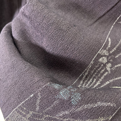 ati-K38　紬　縞文様　草花文様　濃紺