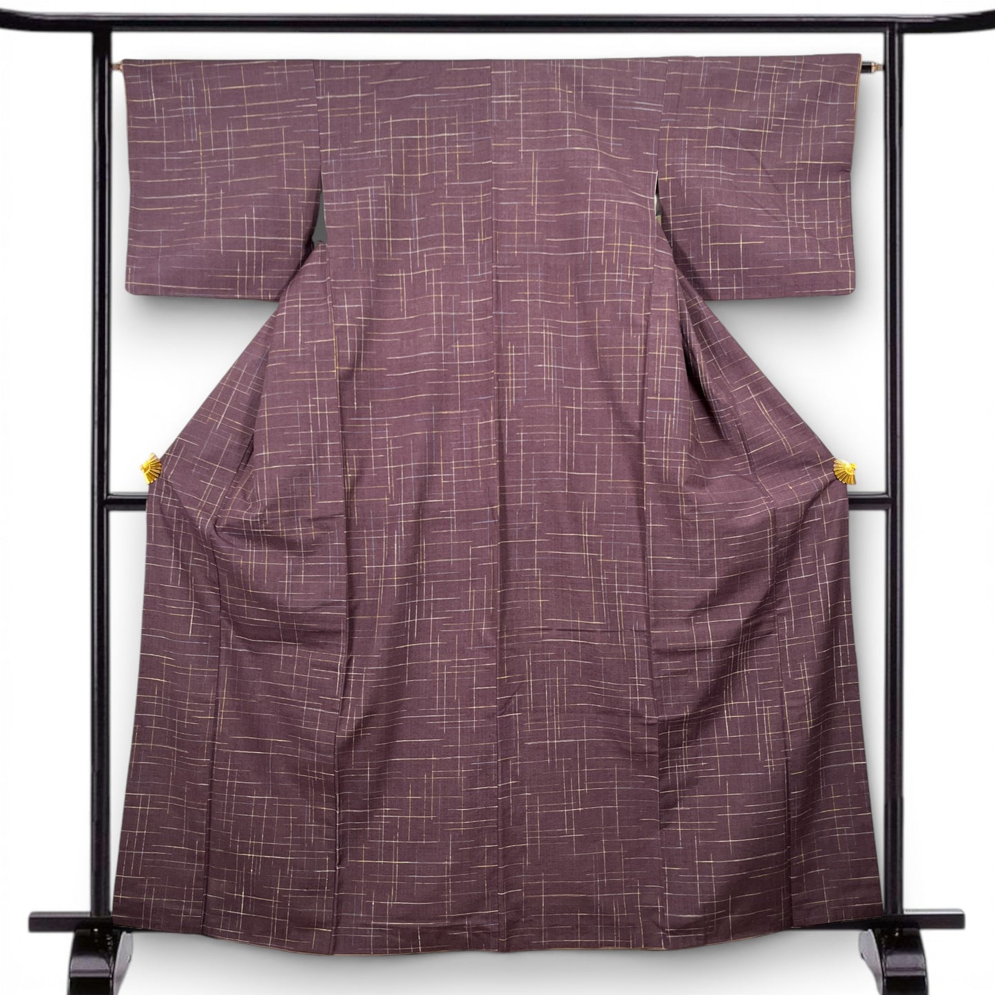 K107138-1　紬　格子文様　葡萄鼠　紫