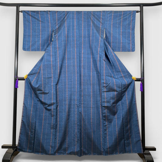 K101505　紬　縞文様　藍青