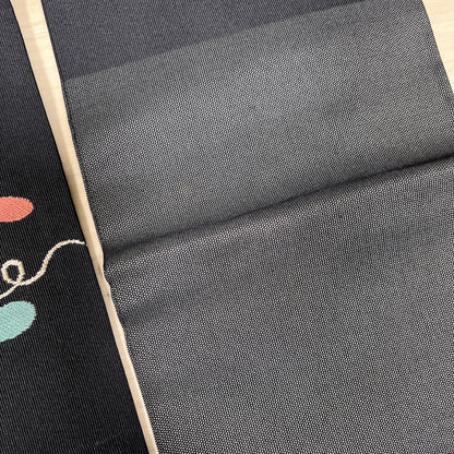 B107001-12　名古屋帯　黒地　草花文様