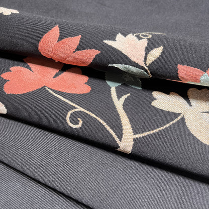 B107001-12　名古屋帯　黒地　草花文様