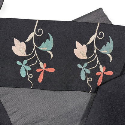 B107001-12　名古屋帯　黒地　草花文様