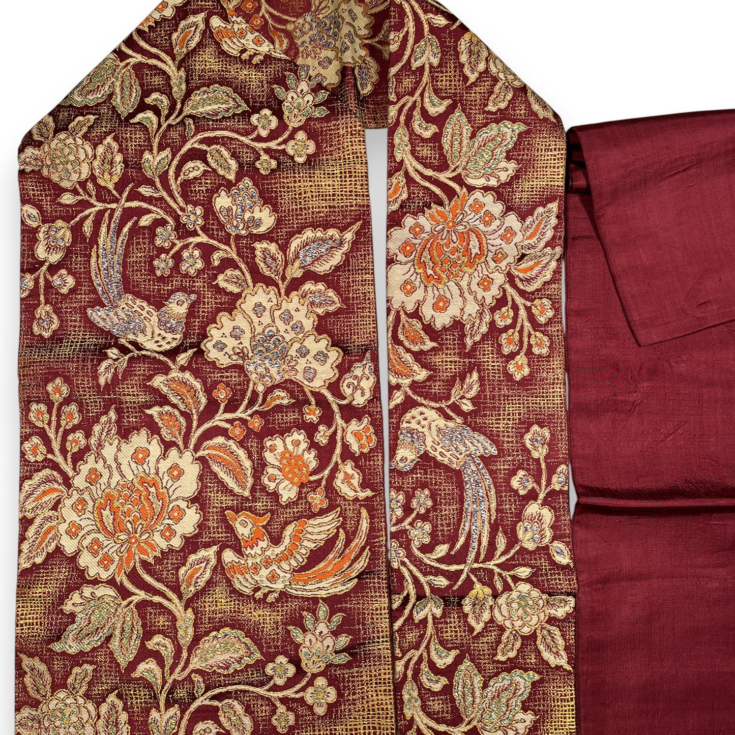 B29201　名古屋帯　花唐草　鳥文様　葡萄茶色