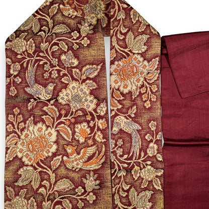 B29201　名古屋帯　花唐草　鳥文様　葡萄茶色