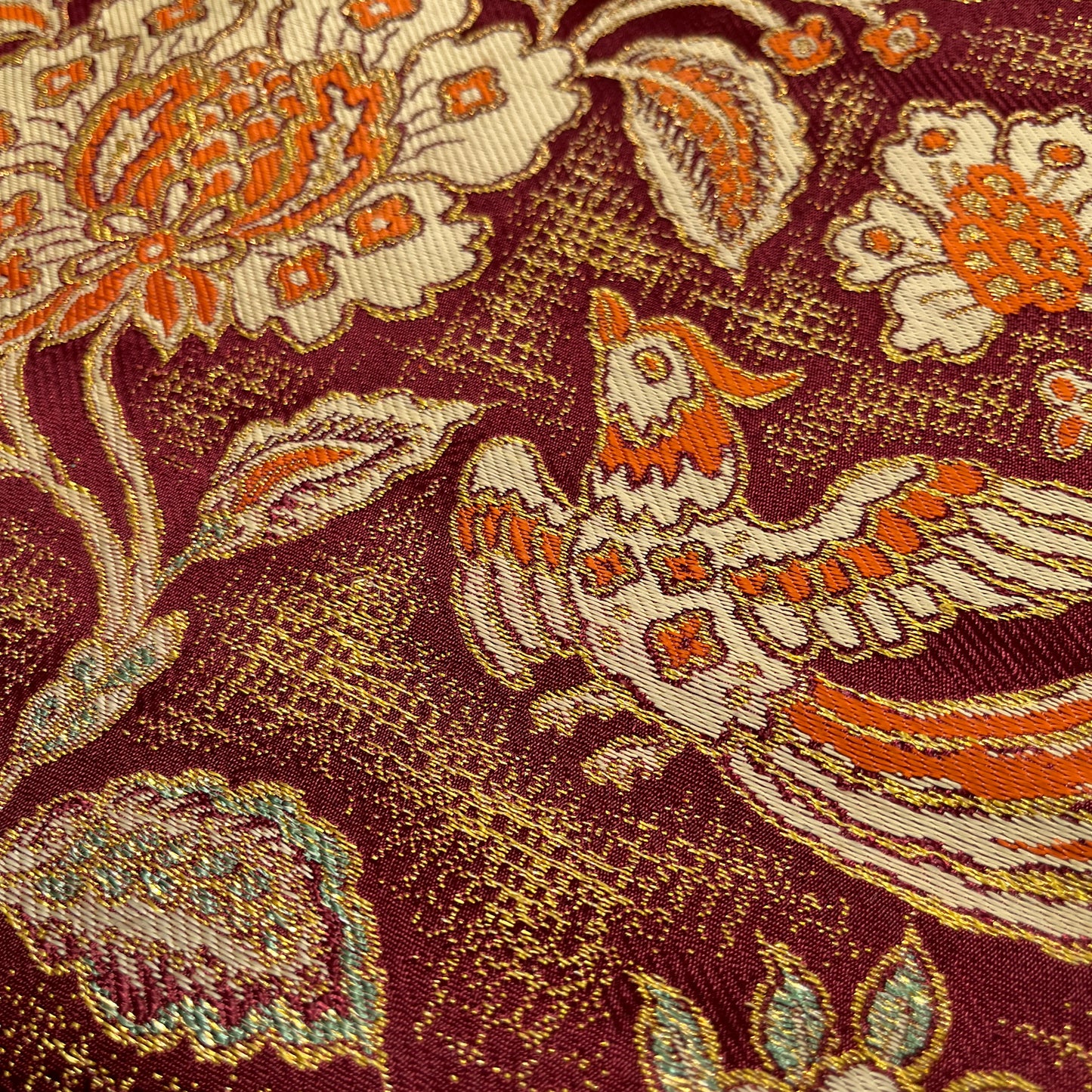 B29201　名古屋帯　花唐草　鳥文様　葡萄茶色