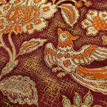 B29201　名古屋帯　花唐草　鳥文様　葡萄茶色