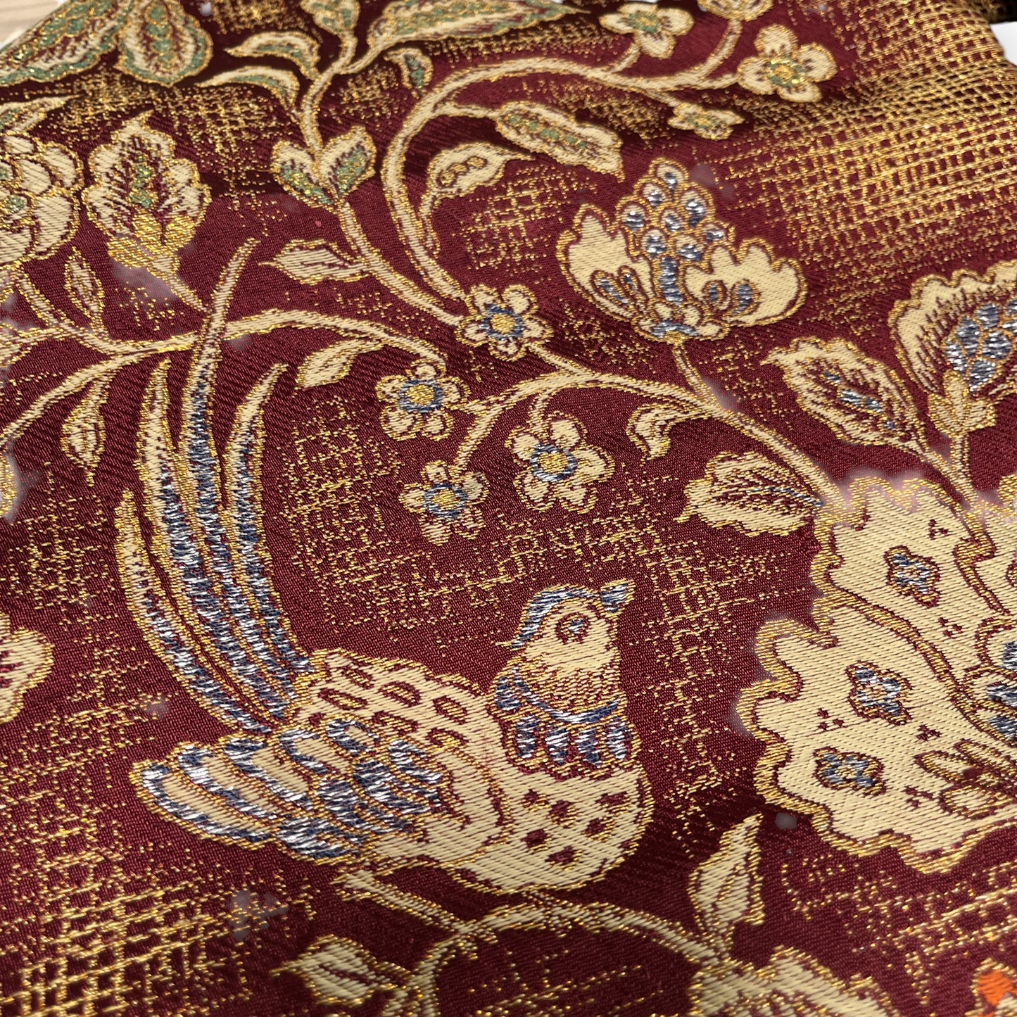 B29201　名古屋帯　花唐草　鳥文様　葡萄茶色