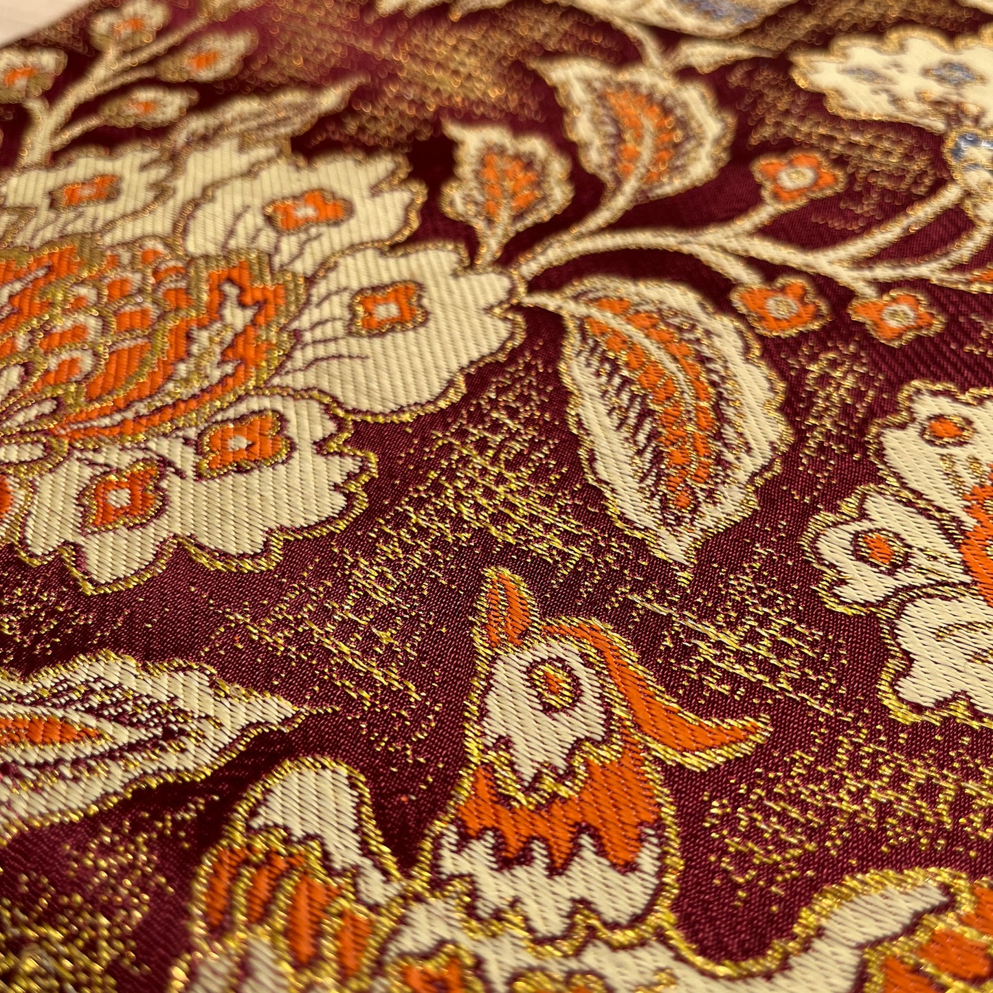 B29201　名古屋帯　花唐草　鳥文様　葡萄茶色