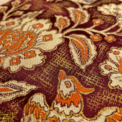 B29201　名古屋帯　花唐草　鳥文様　葡萄茶色