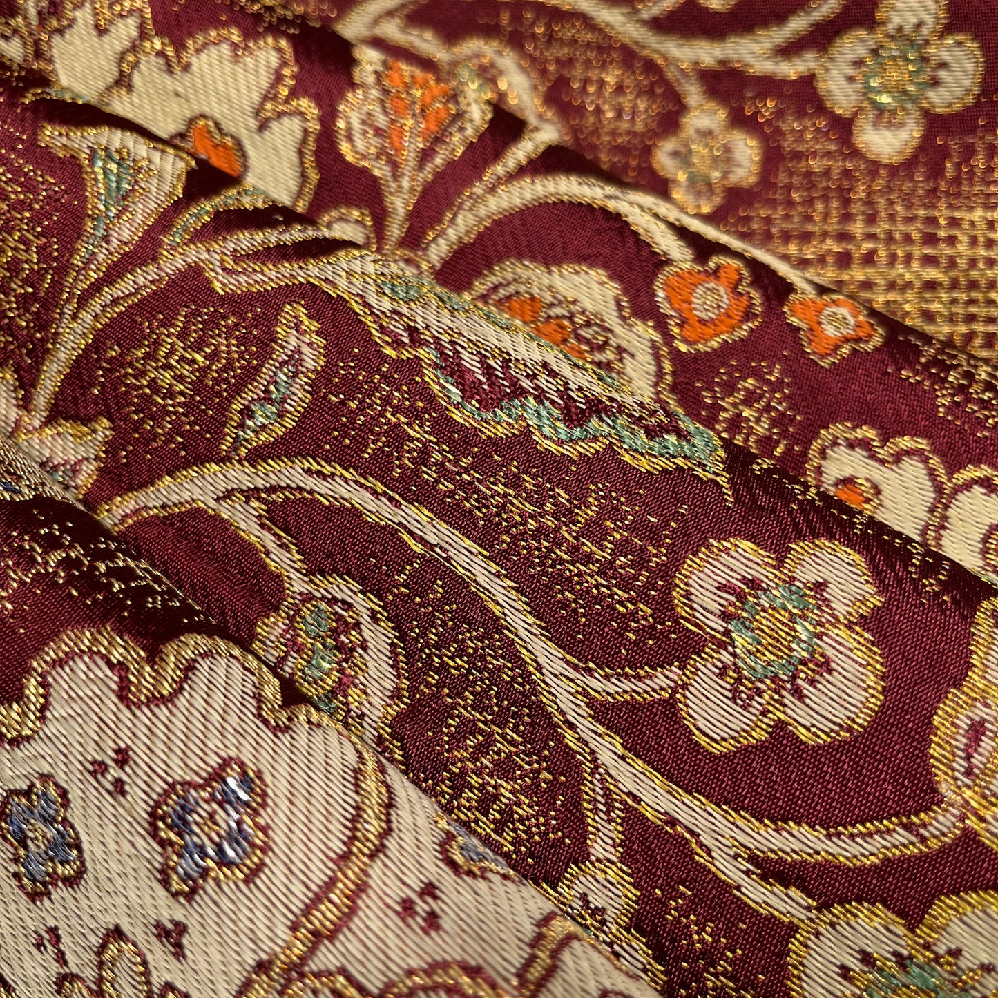 B29201　名古屋帯　花唐草　鳥文様　葡萄茶色