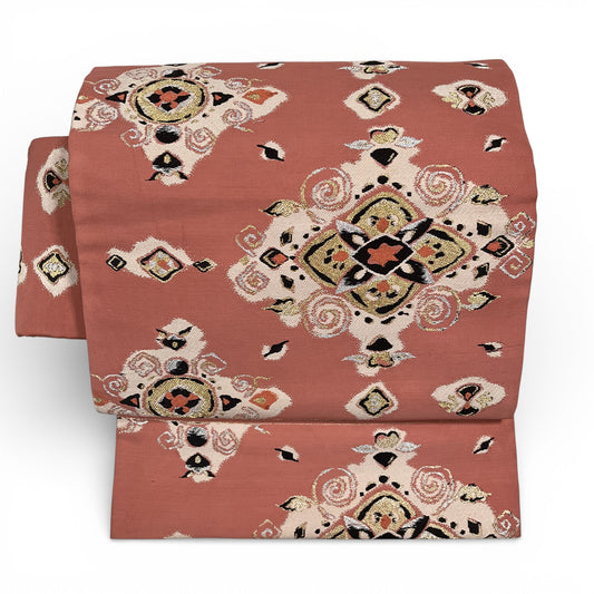 B96813-1　名古屋帯　コーラルピンク地　幾何花文