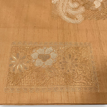 B177401　名古屋帯　開き仕立て　金茶地　鳳凰文様　相良刺繍　汕頭刺繍