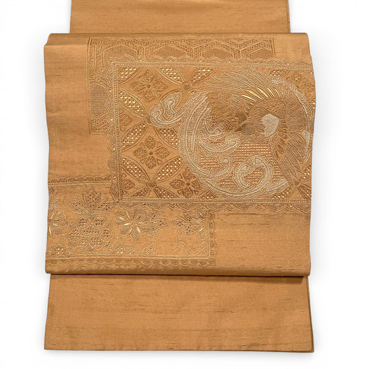 B177401　名古屋帯　開き仕立て　金茶地　鳳凰文様　相良刺繍　汕頭刺繍