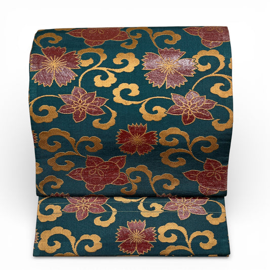 B117218　名古屋帯　開き仕立て　深緑地　花唐草文様