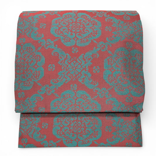 B133381　名古屋帯　開き仕立て　唐花ダマスク文様　コーラル×ターコイズ