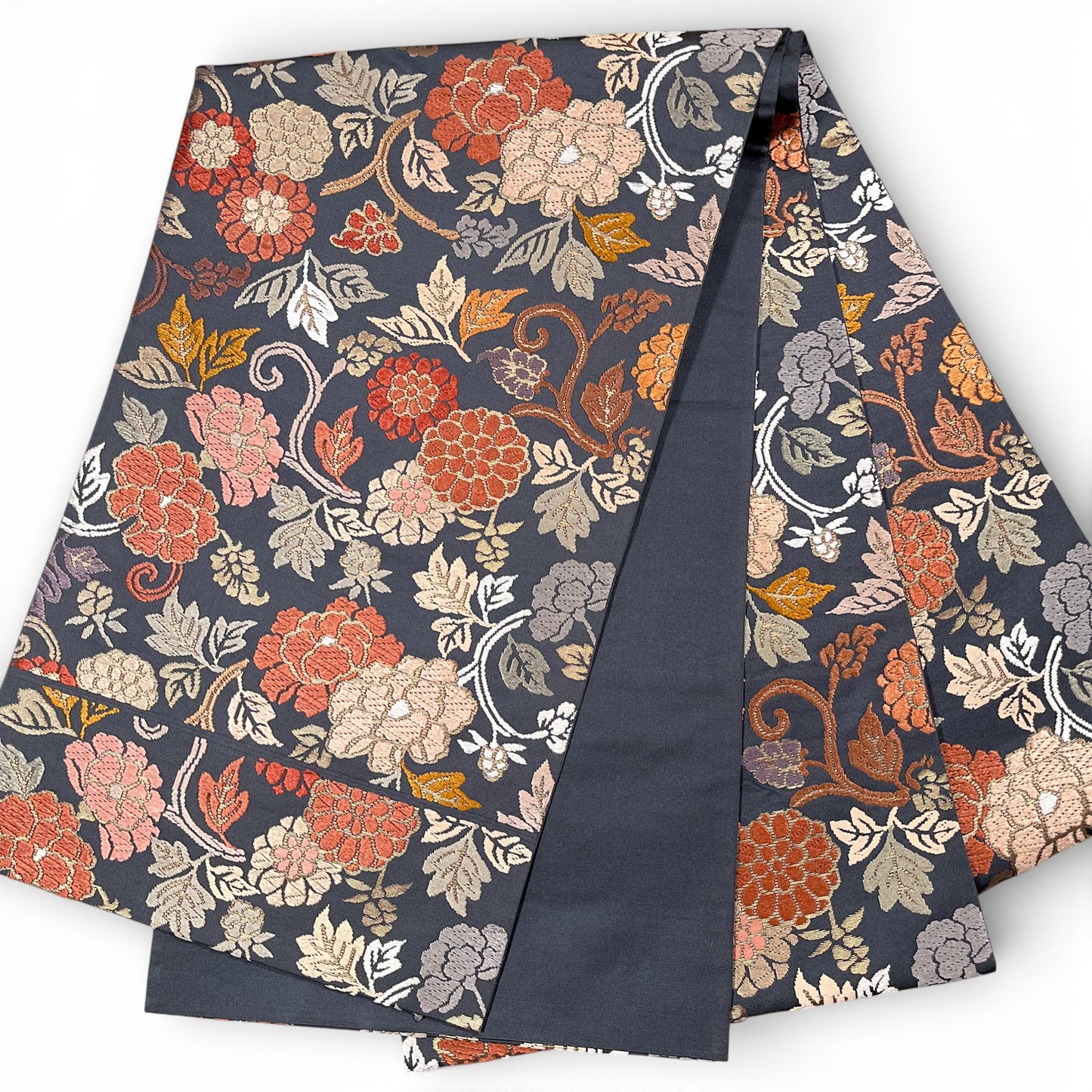 B106996-2　袋帯　唐草花文様　ブルーグレー地