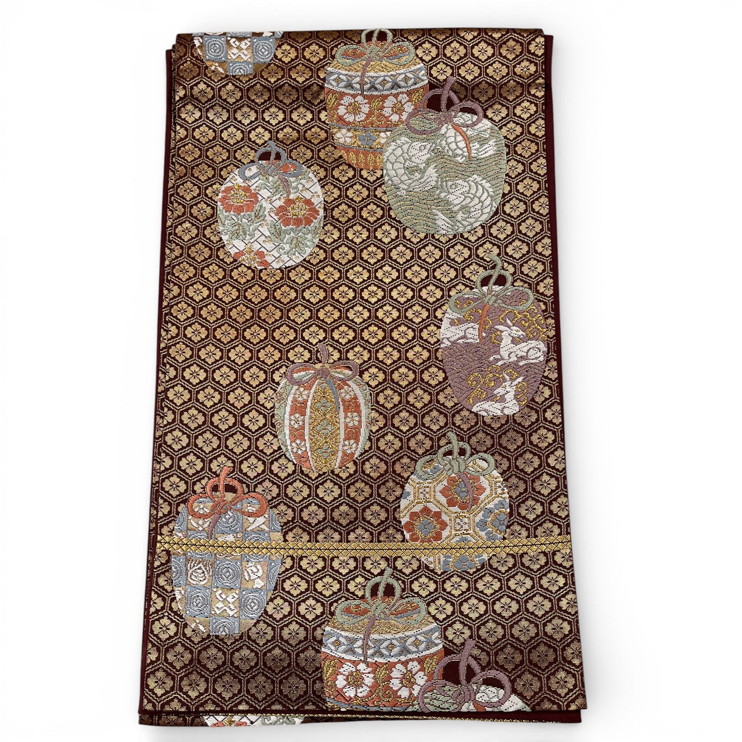 B132833-1　袋帯　仕覆（しふく）柄　亀甲地　金糸　能衣唐錦