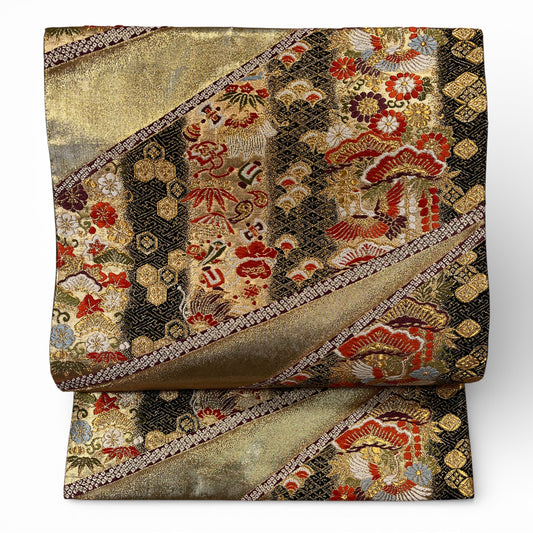 B127360　袋帯　鶴松菊文様　古典柄　金糸