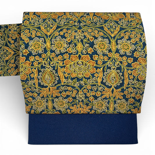 B76235-2　名古屋帯　紺地　金唐花文様