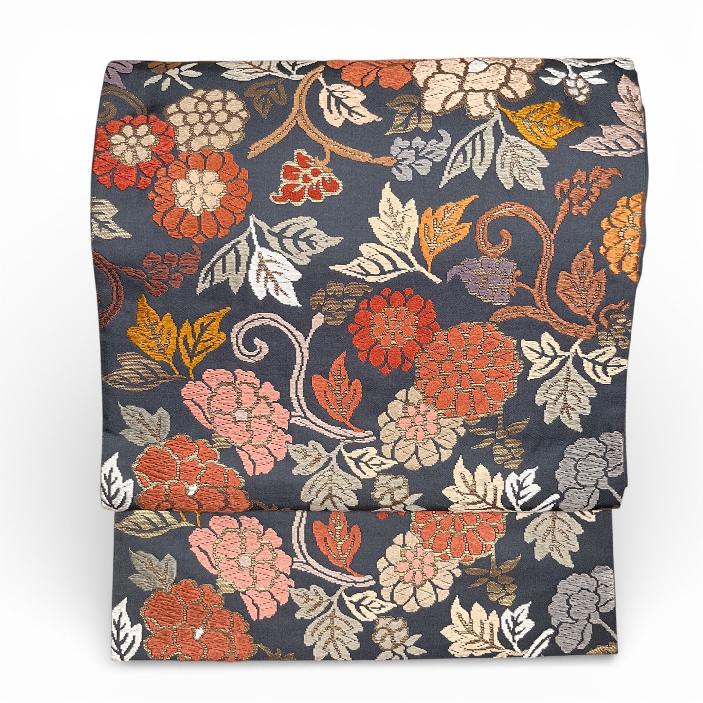 B106996-2　袋帯　唐草花文様　ブルーグレー地