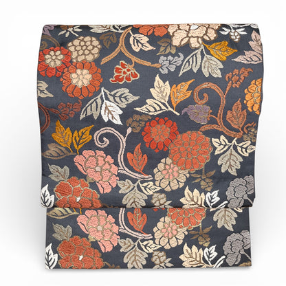 B106996-2　袋帯　唐草花文様　ブルーグレー地